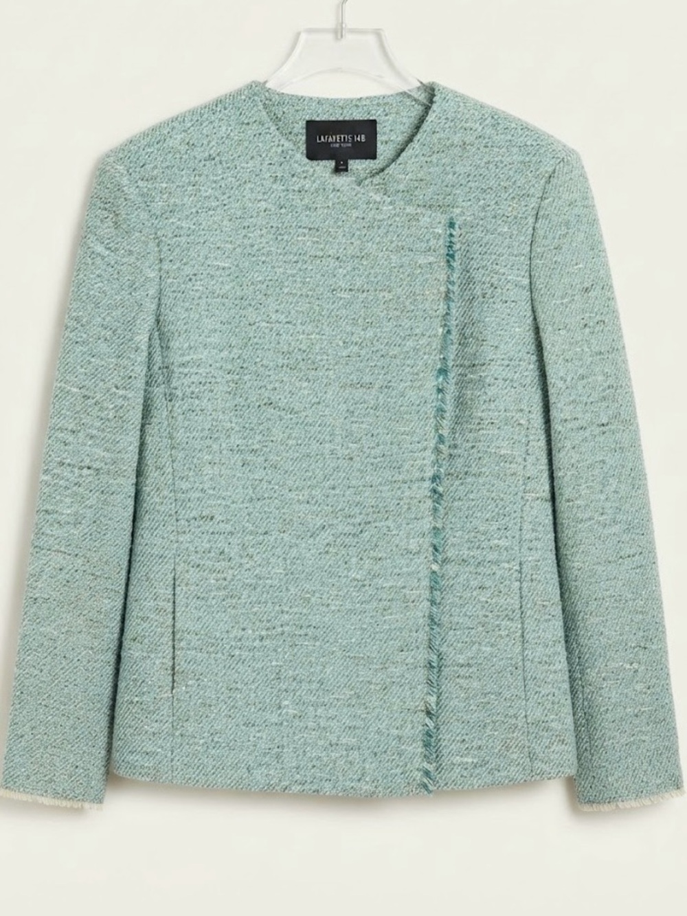 NWT Lafayette 148 New York Blue Green Tweed Asymmetric Zip Jacket Size 16 Luxury
